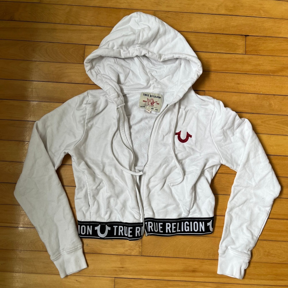 True Religion Womens White Cropped Zip Up Hoodie Red Glitter Logo Size Large